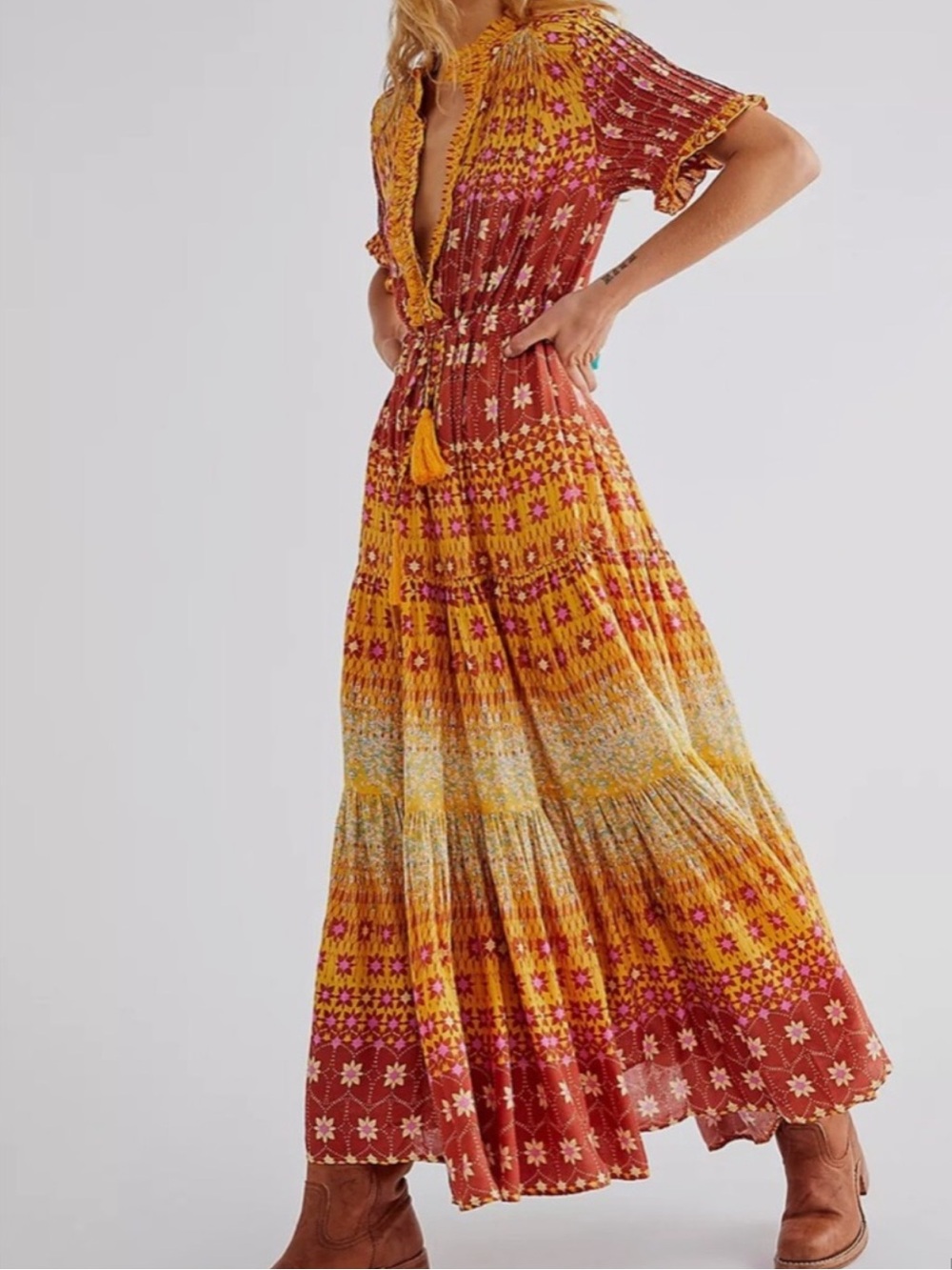 Free People RARE Feeling Tiered Printed Tassel Tie Maxi Dress